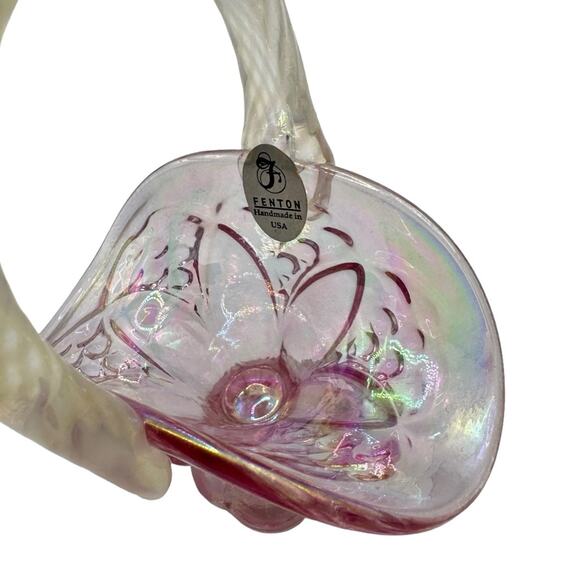 Vintage Fenton Art Glass Iridized Empress Rose Mini Basket Opalescent Handle - Picture 4 of 10